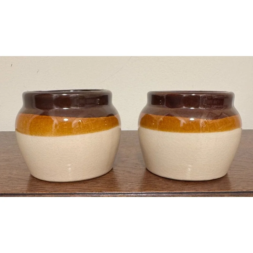 Vintage Stoneware Small Pot Crock Boston Baked Beans USA Farmhouse Kitchen 3.5